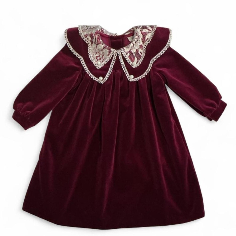 Vintage Rare Editions Velvet Dress 3T Burgundy Excellent Lace Collar Holiday